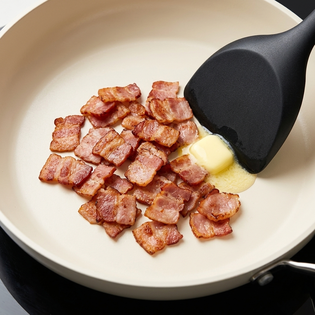 Butter schmilzt in der Pfanne mit Speck, während gehackte Zwiebeln untergerührt werden.