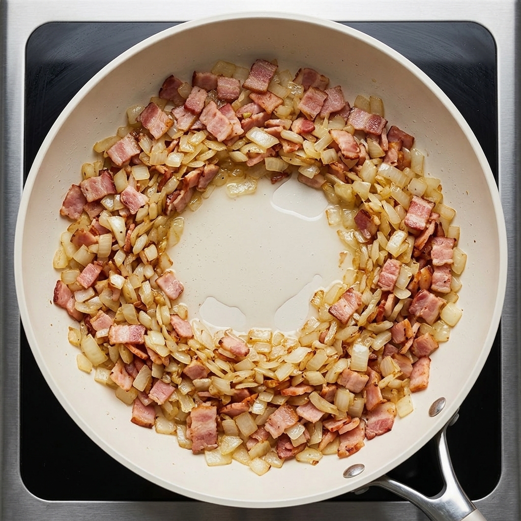 Wasser wird in die Pfanne mit Speck und Zwiebeln gegossen.