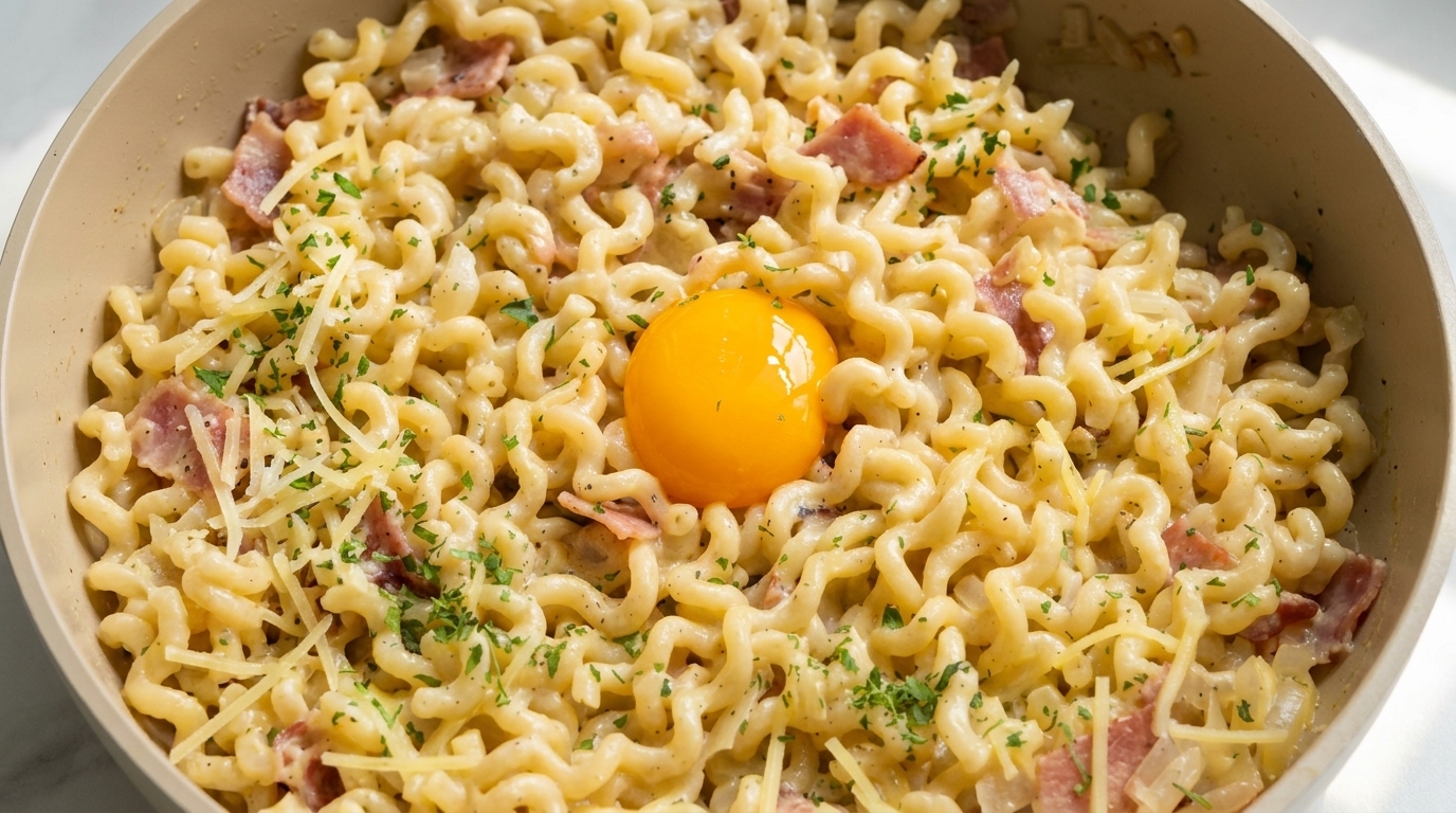 Cremige Speck-Carbonara mit Lockennudeln