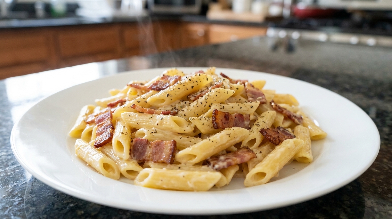 Glänzende Penne-Nudeln, umhüllt von einer reichhaltigen Sahnesauce mit knusprigen Speckwürfeln und einem Hauch von feinem Zitronensalz.