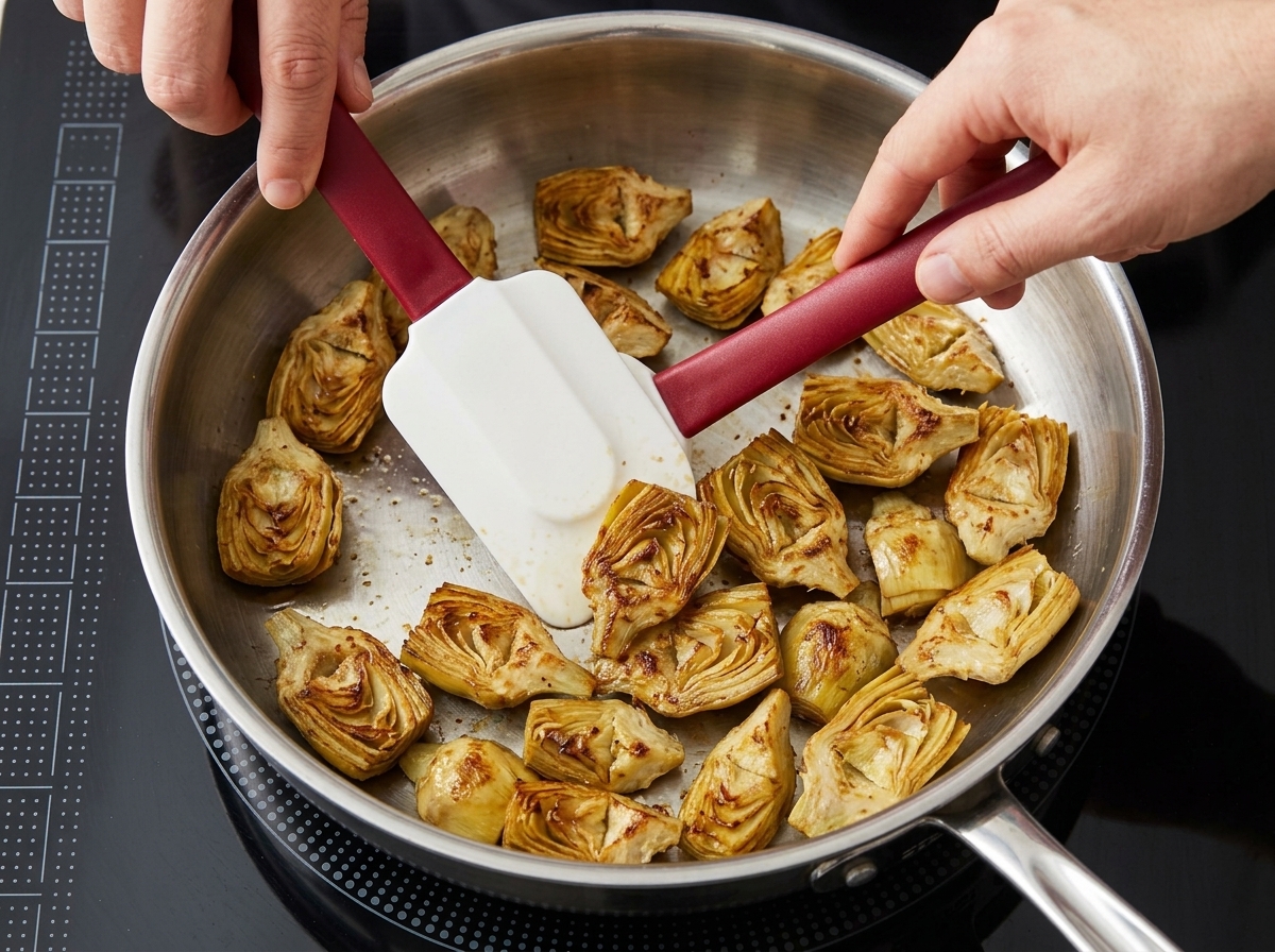 Geviertelte Artischockenherzen in einer großen Pfanne, die eine goldbraune Kruste an den Rändern zeigen.