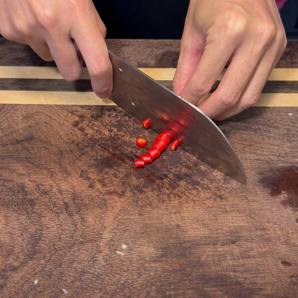Frisch geschnittene rote Chilistücke auf einem Holzbrett.