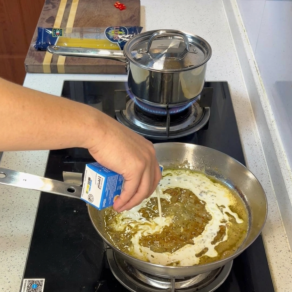 Schlagsahne wird in die Pfanne gerührt, um eine cremige Sauce zu kreieren.