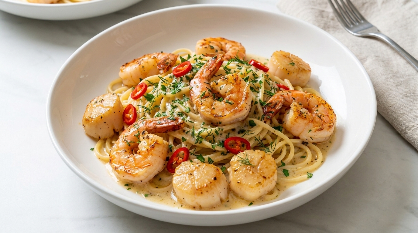 Cremige Knoblauch-Meeresfrüchte-Pasta mit Jakobsmuscheln und Garnelen
