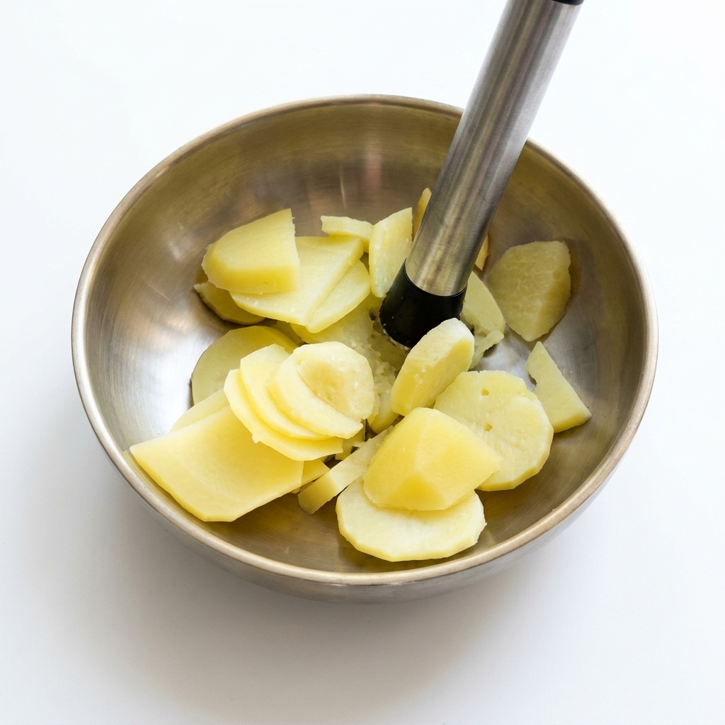Gekochte Kartoffelscheiben werden in einer Metallschüssel zu einem glatten Püree zerstampft.