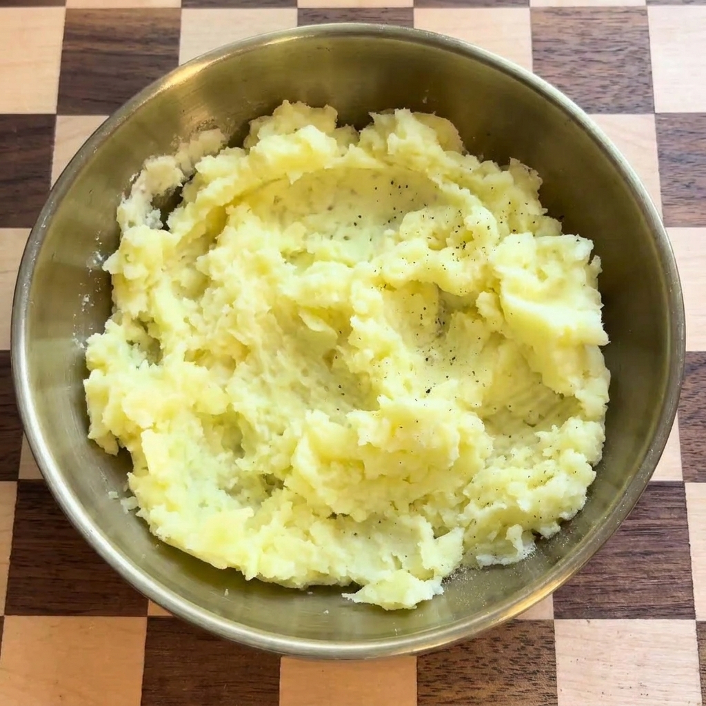 Frisch gemahlener schwarzer Pfeffer wird über das Kartoffelpüree gestreut.