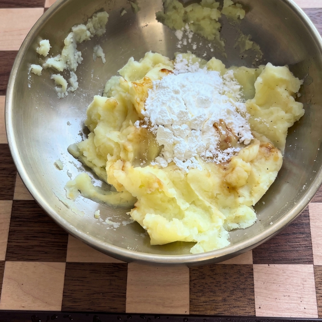 Kartoffelstärke wird in die Schüssel mit dem gewürzten Kartoffelpüree gegeben.