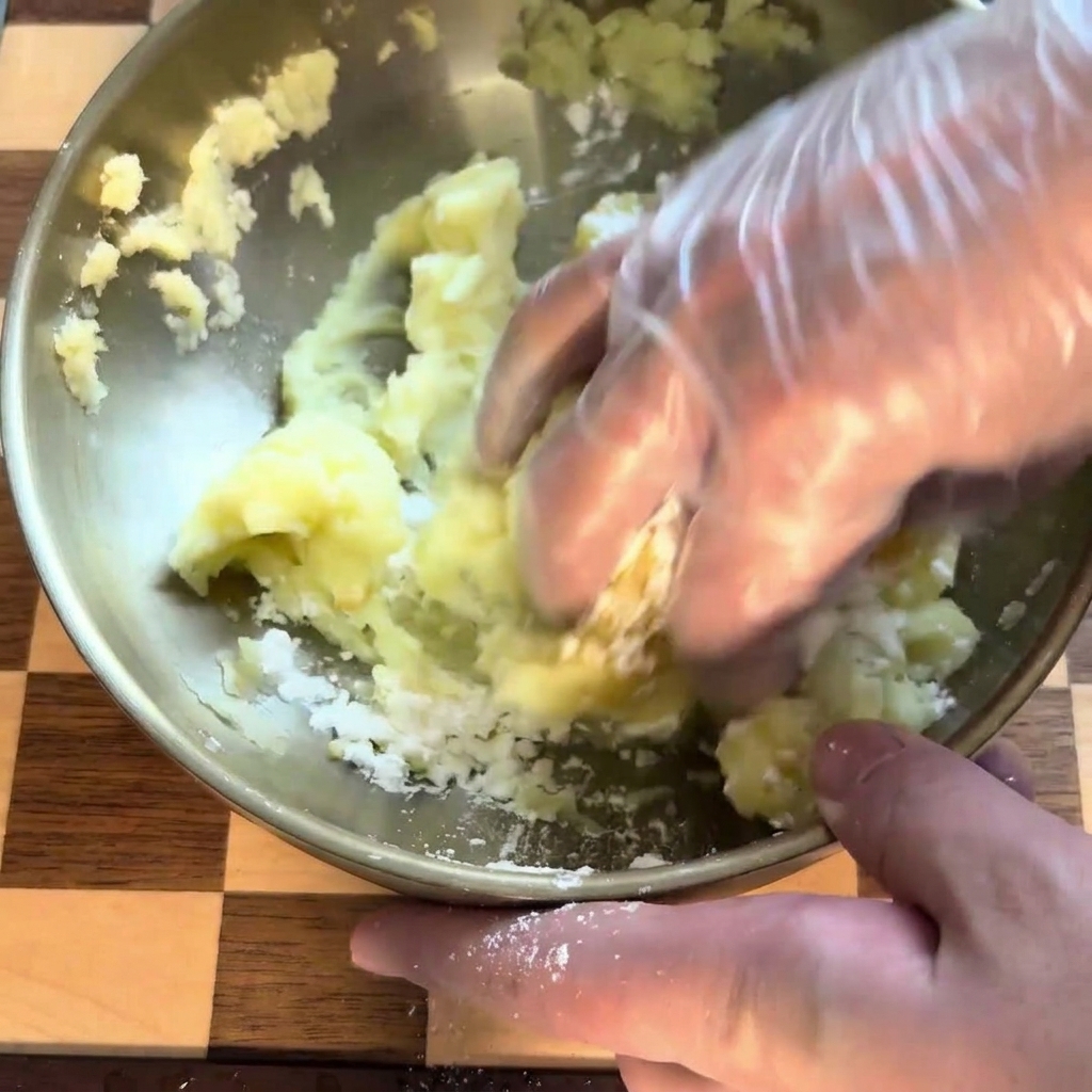 Mit Handschuhen wird die Kartoffelmasse in einer Schüssel zu einem glatten Teig geknetet.