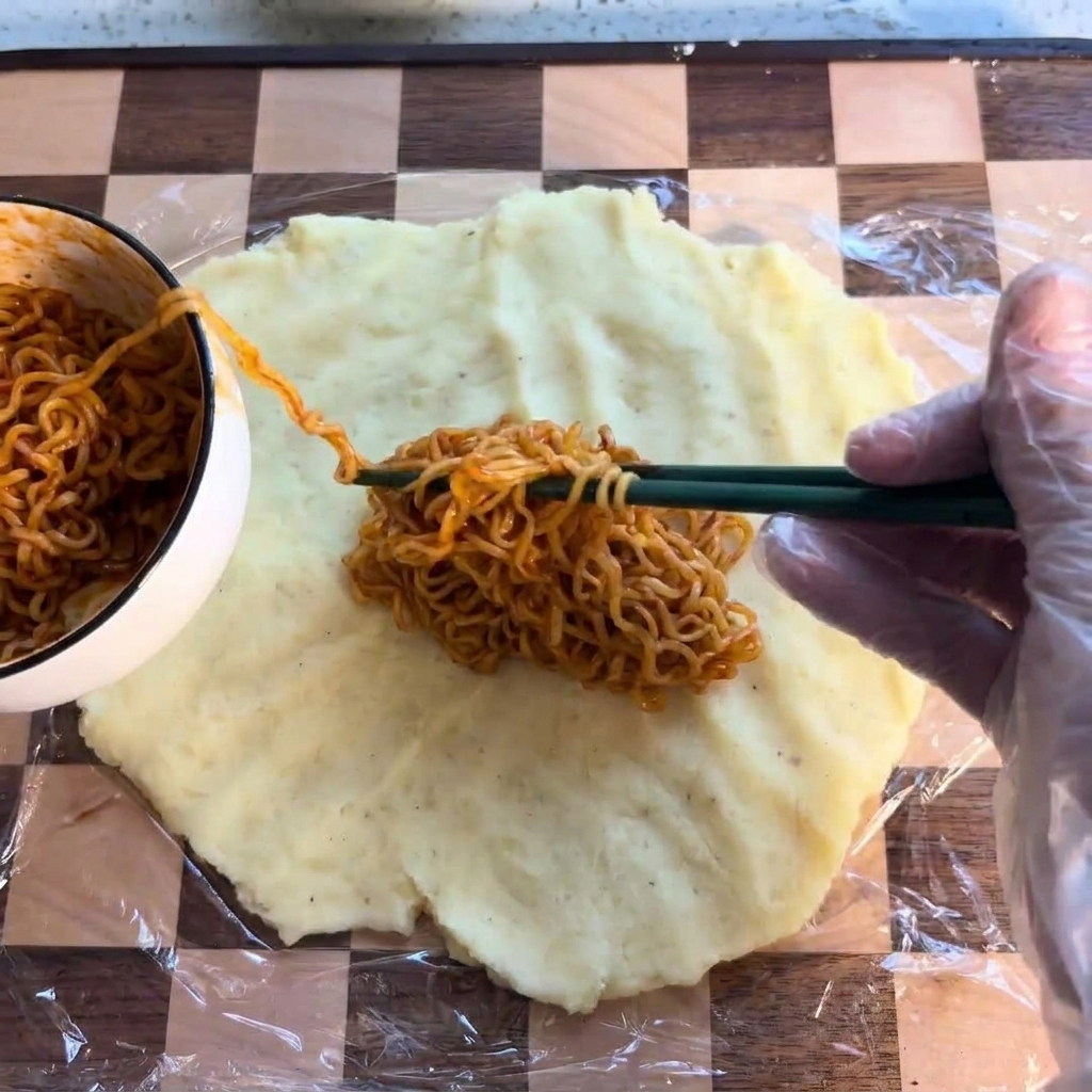 Mit Stäbchen wird eine Portion Ramen-Nudeln in die Mitte des Kartoffelfladens gesetzt.