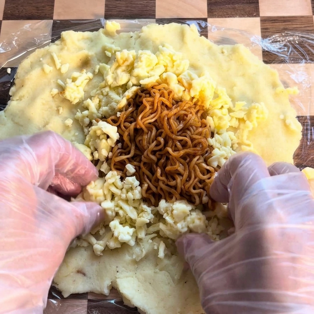 Geriebener Mozzarella wird ringförmig um die Nudeln auf dem Kartoffelboden angeordnet.