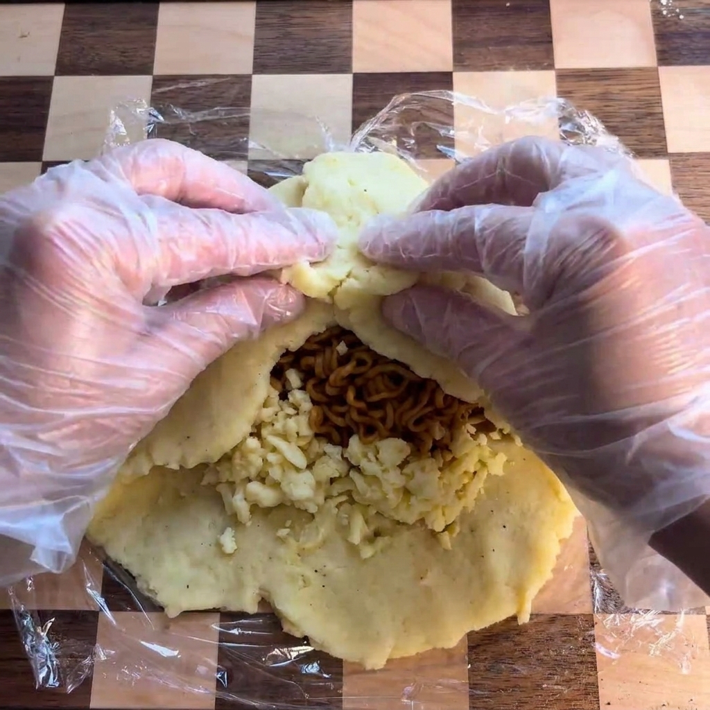 Die Ränder des Kartoffelfladens werden über die Füllung aus Nudeln und Käse zusammengeklappt.