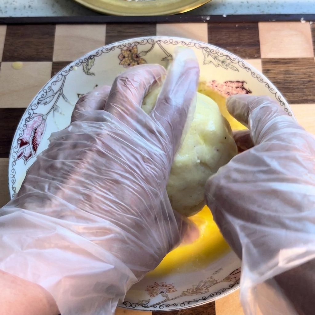 Der Kartoffelkloß wird in einer Schüssel mit Stärke gewälzt.
