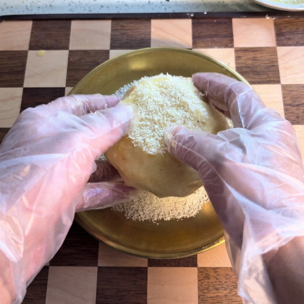 Der feuchte Kartoffelkloß wird in einer Schüssel mit Panko-Paniermehl gewälzt.