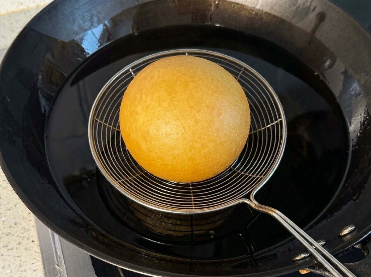 Ein goldbrauner Kartoffelkloß schwimmt in einem Wok mit heißem Öl.
