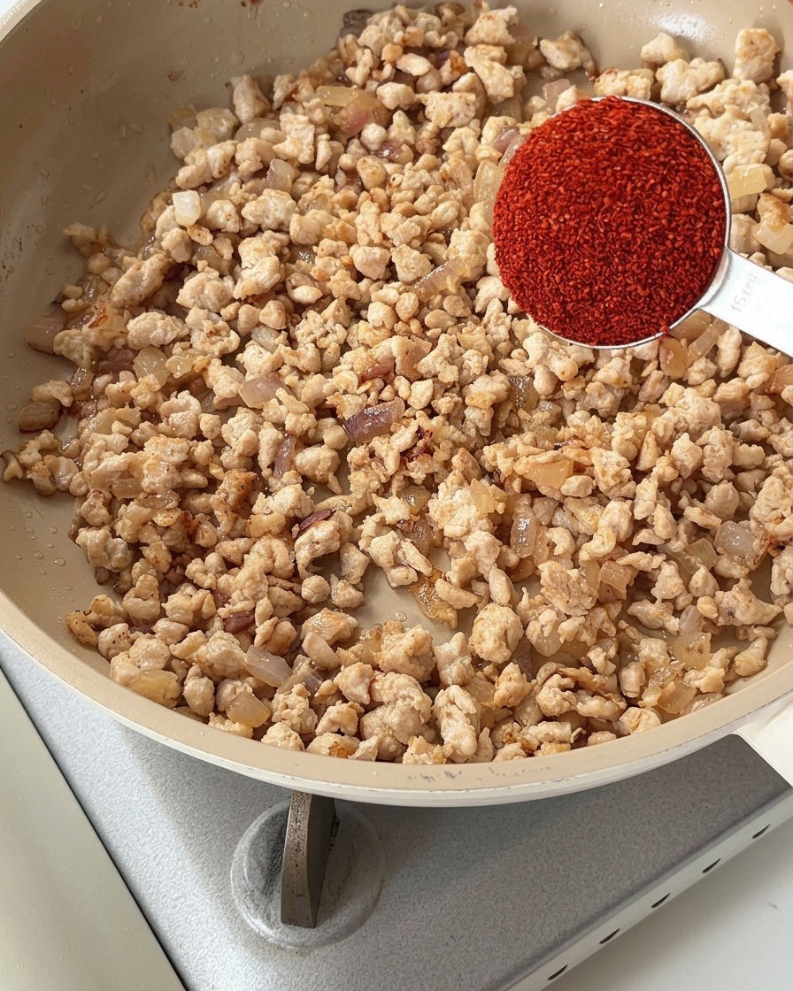 Gehacktes Hähnchen wird in der Pfanne mit Chilipulver und Tomatensauce angebraten.