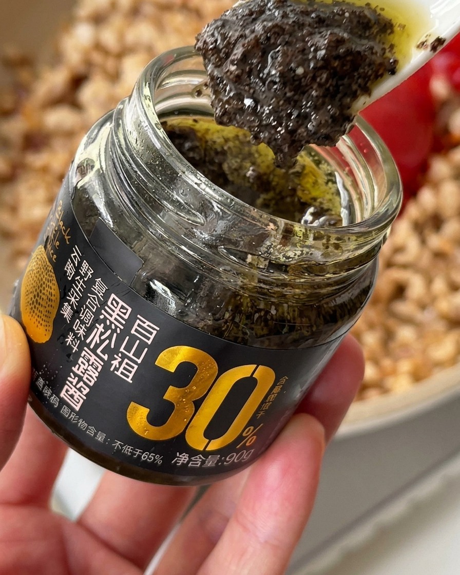 Ein Löffel voll reichhaltiger schwarzer Trüffelsauce wird zu dem gewürzten Hähnchen in die Pfanne gegeben.