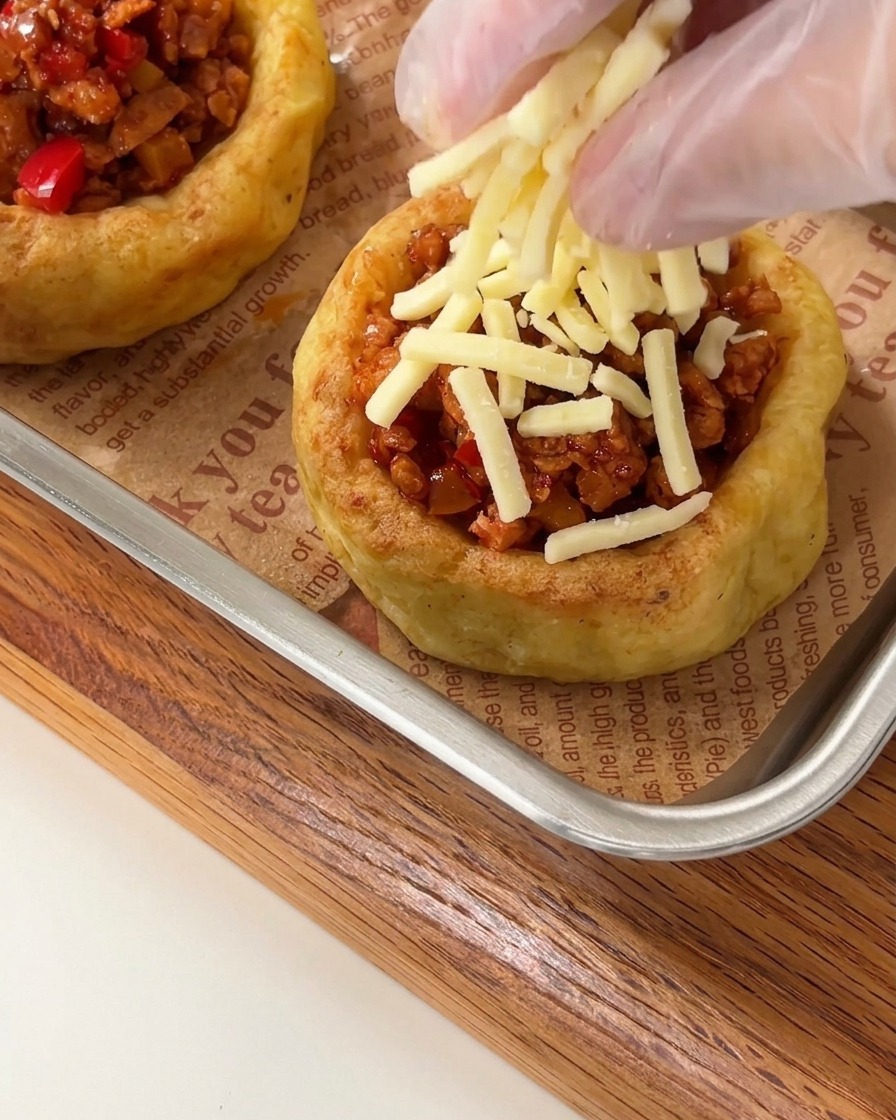 Eine behandschuhte Hand bestreut die gefüllten Kartoffel-Törtchen auf einem Backblech mit geriebenem Käse.