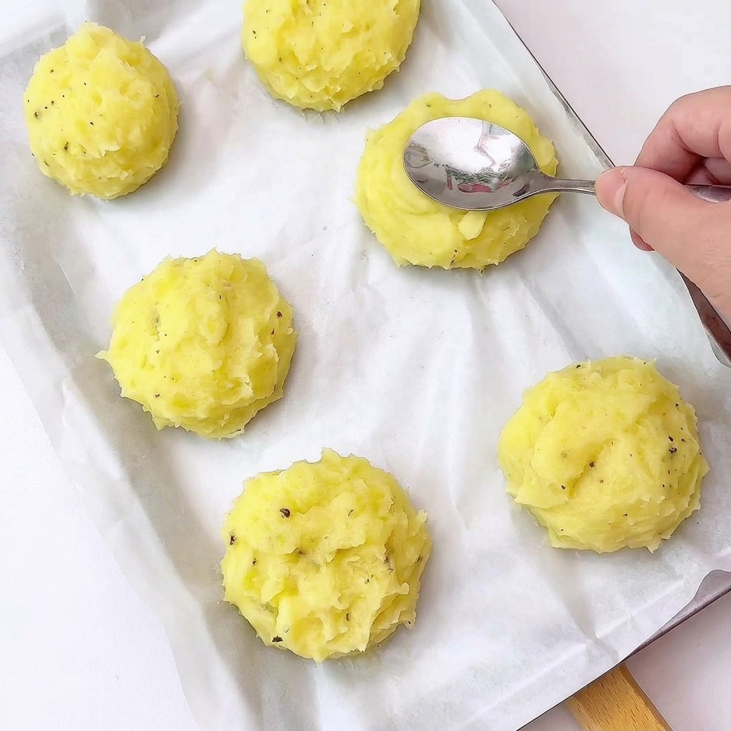 Kartoffelpüree-Portionen auf einem Backblech, die mit einem Löffel zu Körbchen geformt werden.