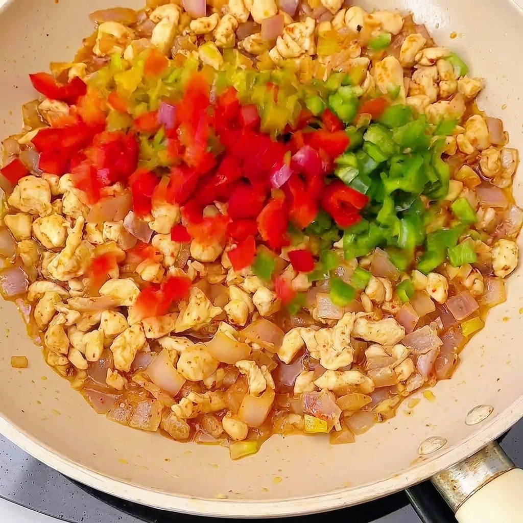 Bunte Paprikawürfel und Champignons werden unter das Hähnchen-Pfannengericht gerührt.