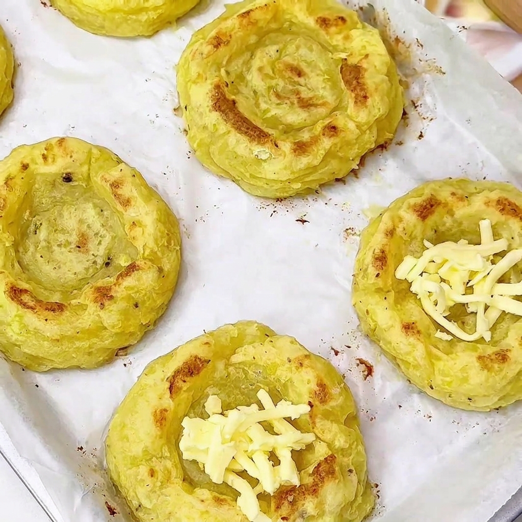 Leere vorgebackene Kartoffelkörbchen auf einem Backblech, in zwei davon liegt etwas geriebener Käse.