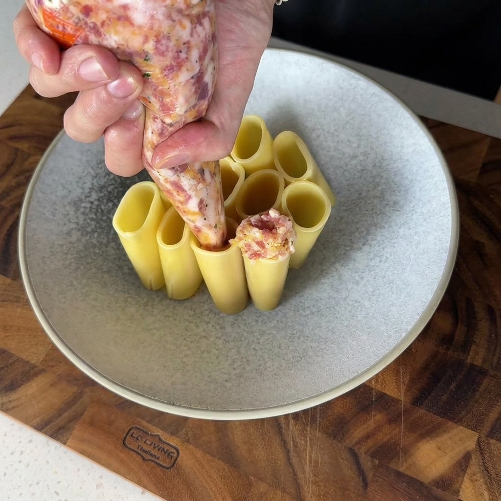 Fleischfüllung wird in eine gekochte Rigatoni-Nudel gespritzt.
