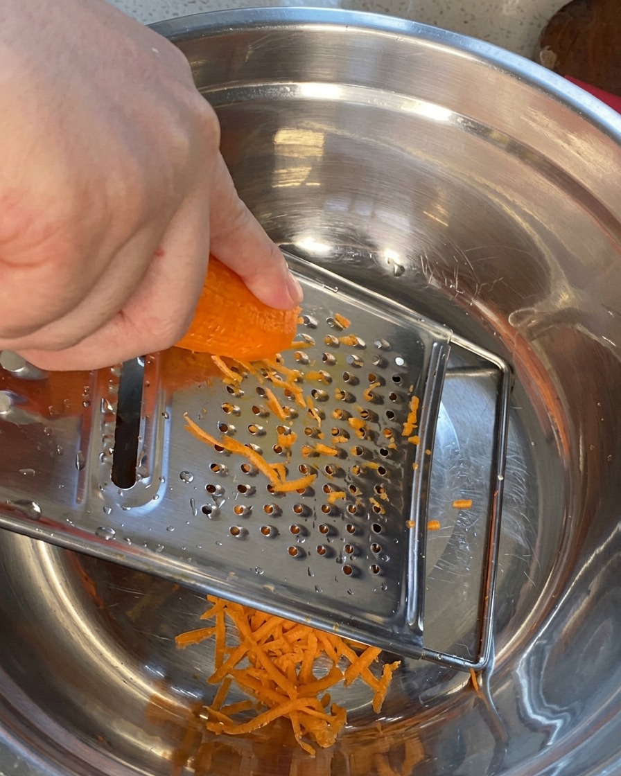 Eine frische Möhre wird mit einer Reibe in feine Streifen in eine Metallschüssel geraspelt.