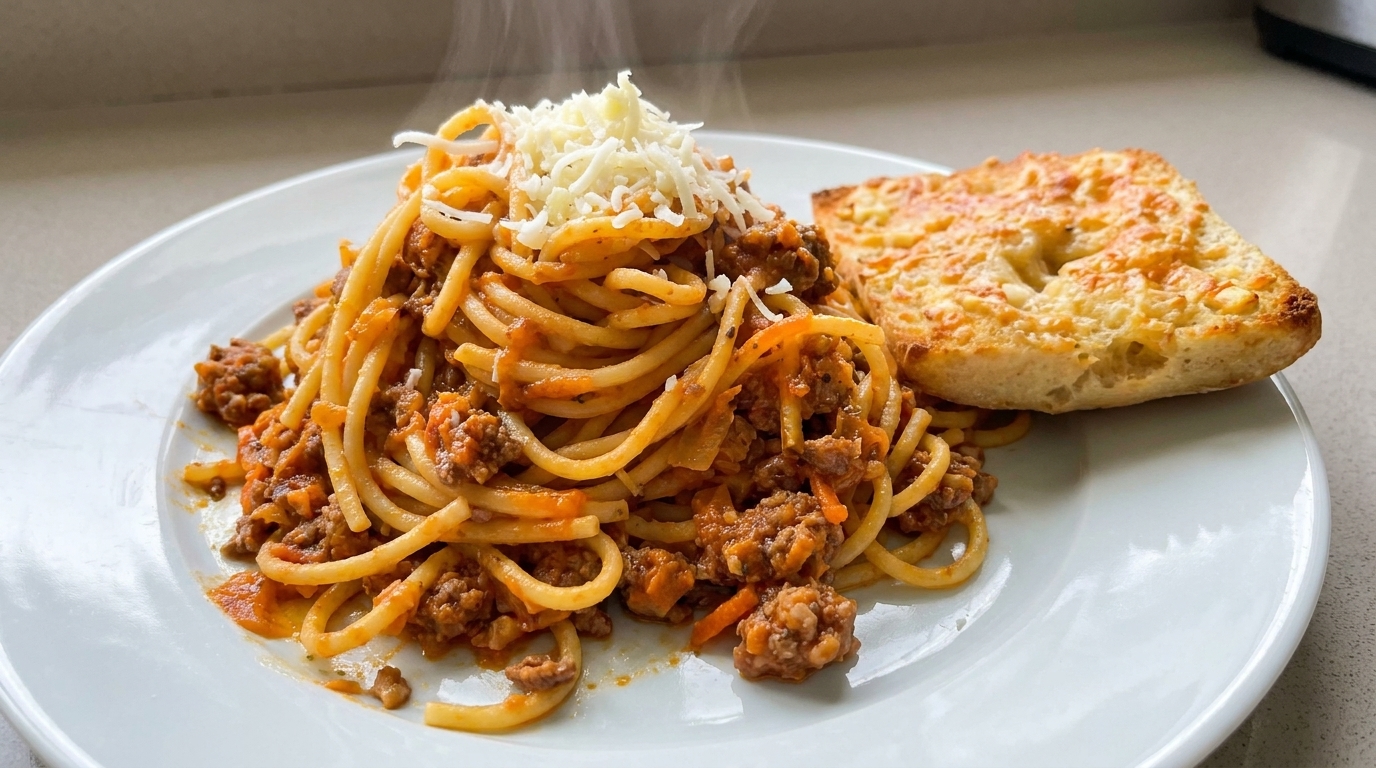 Bolognese-Pasta mit knusprigem Käse-Knoblauch-Brot