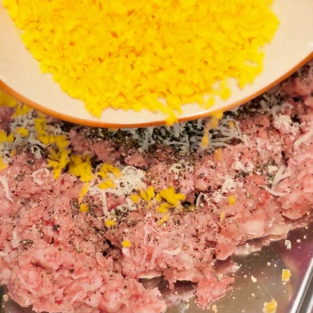 Gelbes Paniermehl wird über das rohe Hackfleisch gegossen.