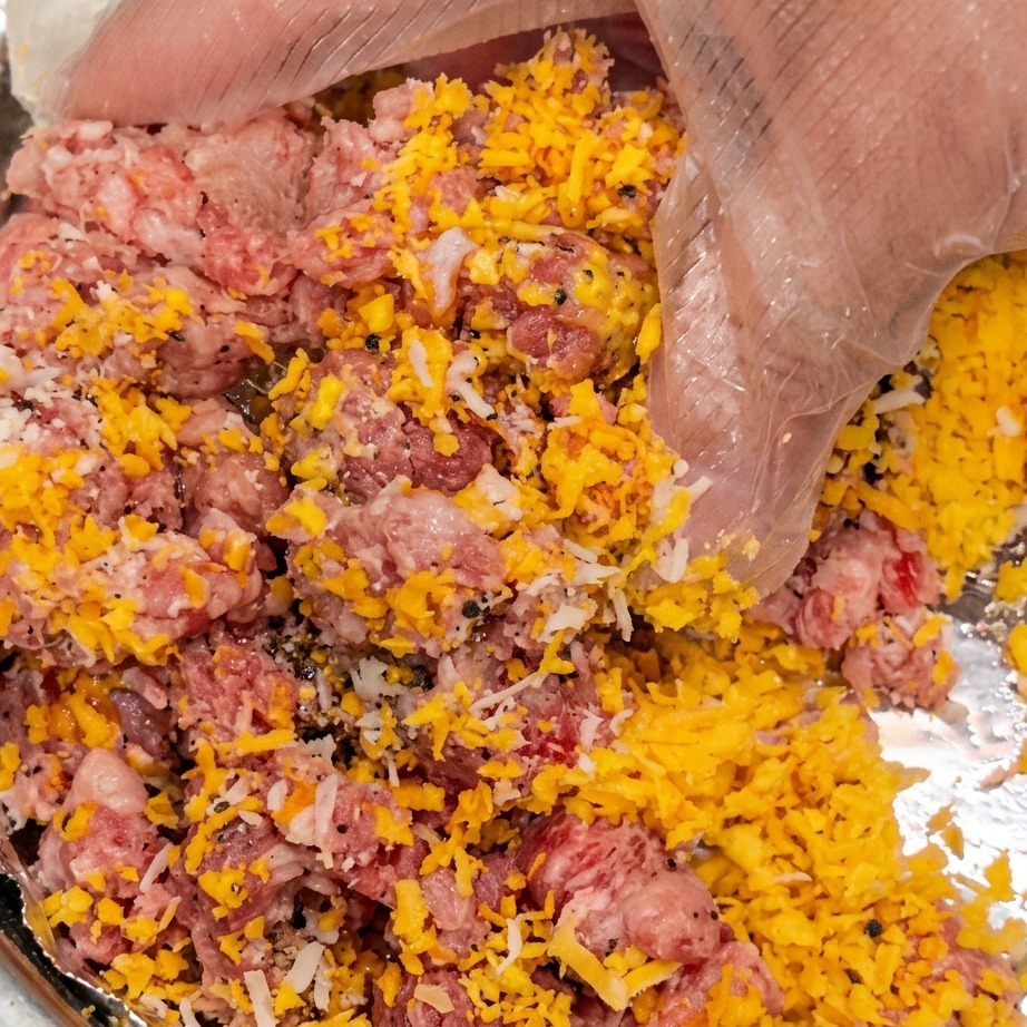 Hände mischen Hackfleisch und Paniermehl in einer Schüssel zusammen.