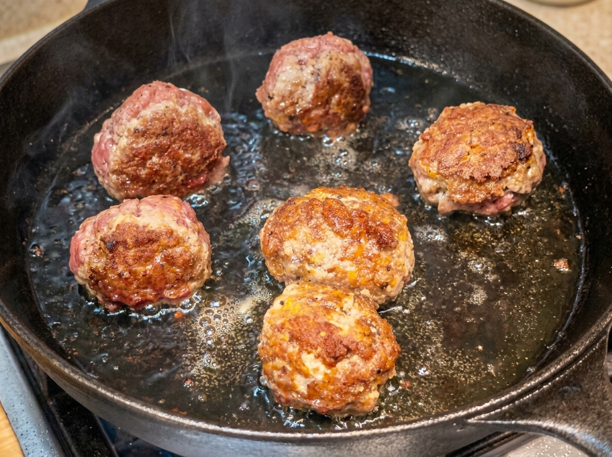 Große Hackbällchen werden in einer heißen gusseisernen Pfanne scharf angebraten.