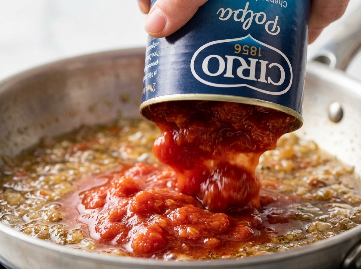 Eine Dose gehackter Tomaten wird zu dem reduzierten Bratensaft in die Pfanne gegossen.