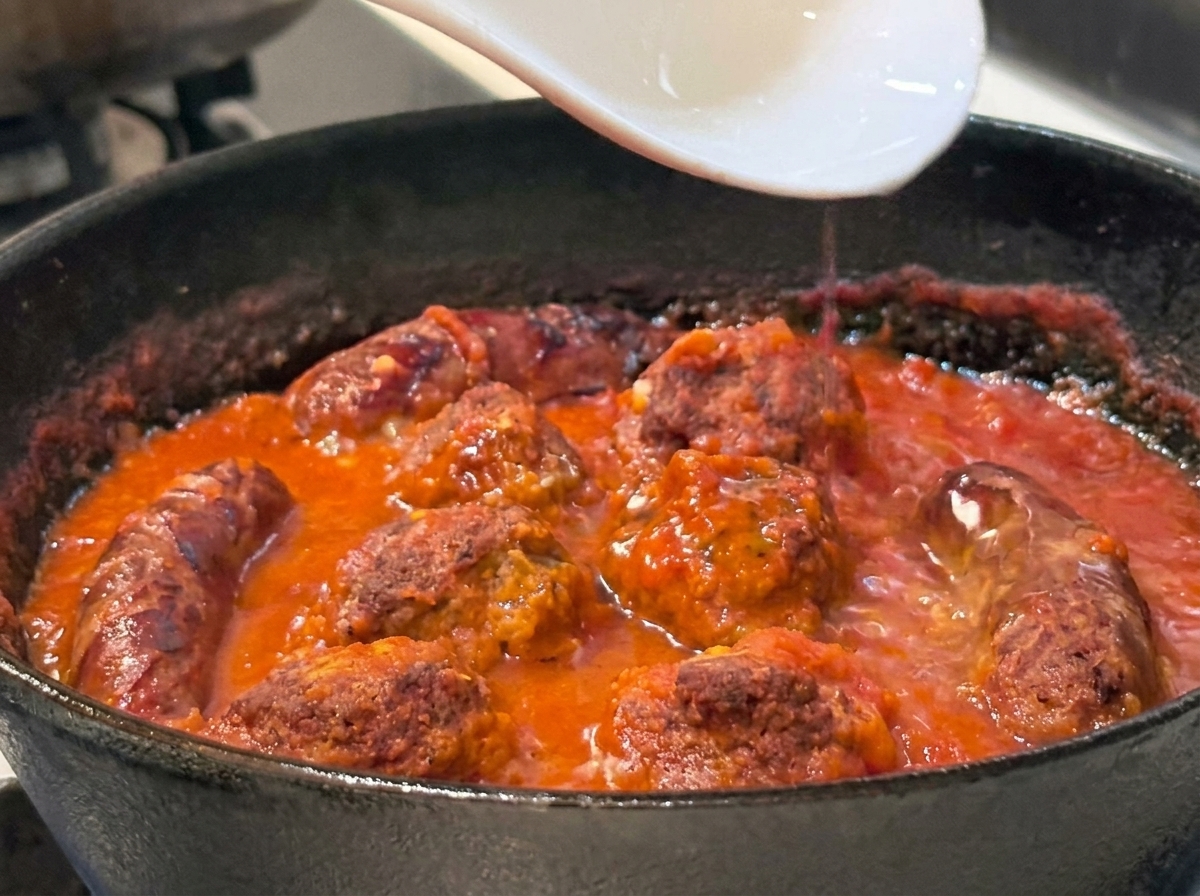 Ein weißer Löffel gießt trübes, stärkehaltiges Nudelwasser in eine köchelnde Fleisch-Tomaten-Soße.