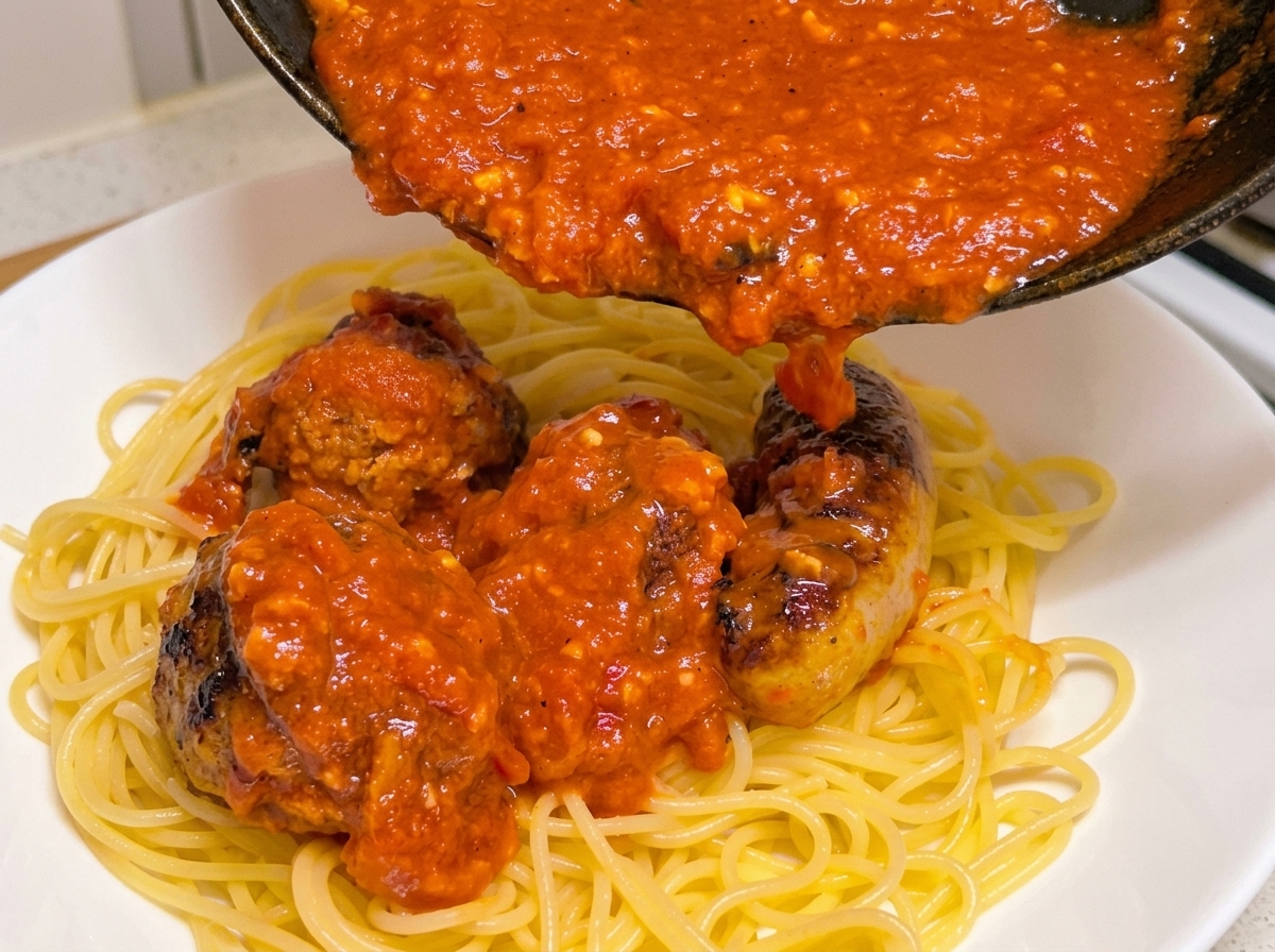 Eine Pfanne voll mit Tomatensoße, Hackbällchen und Würsten wird über gekochte Spaghetti in einer weißen Schüssel gegossen.