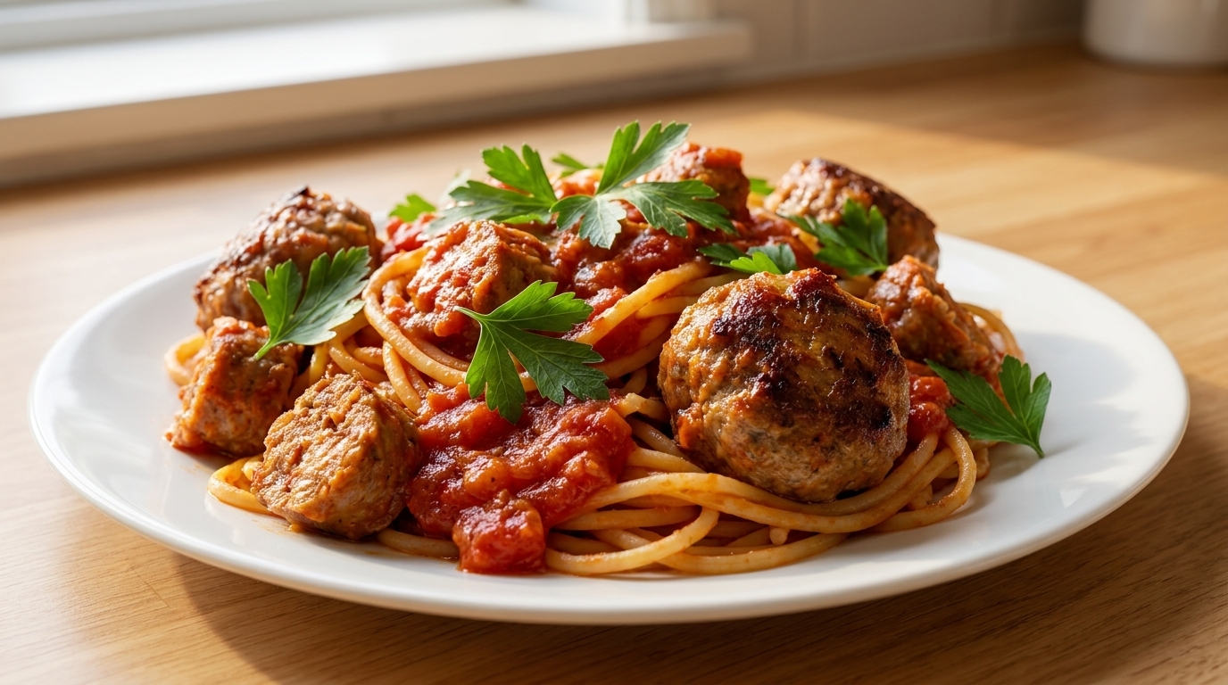 Spaghetti mit Hackbällchen und Wurst nach Pate-Art
