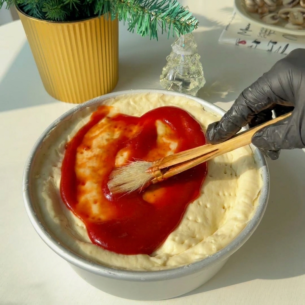 Rote Tomatensoße wird mit einem Pinsel auf der oberen Teigschicht verteilt.