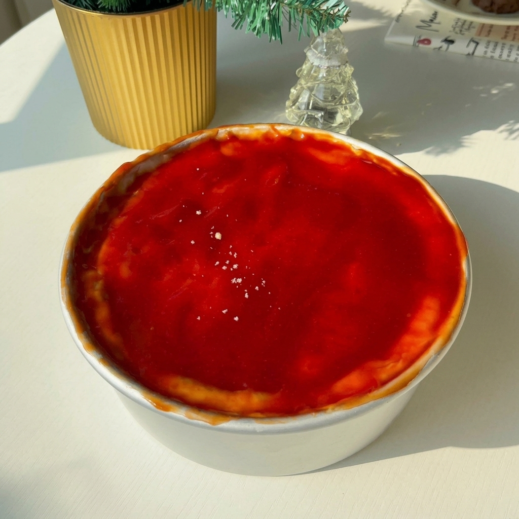 Käsepulver und schwarzer Pfeffer werden auf die Tomatensoße gestreut.