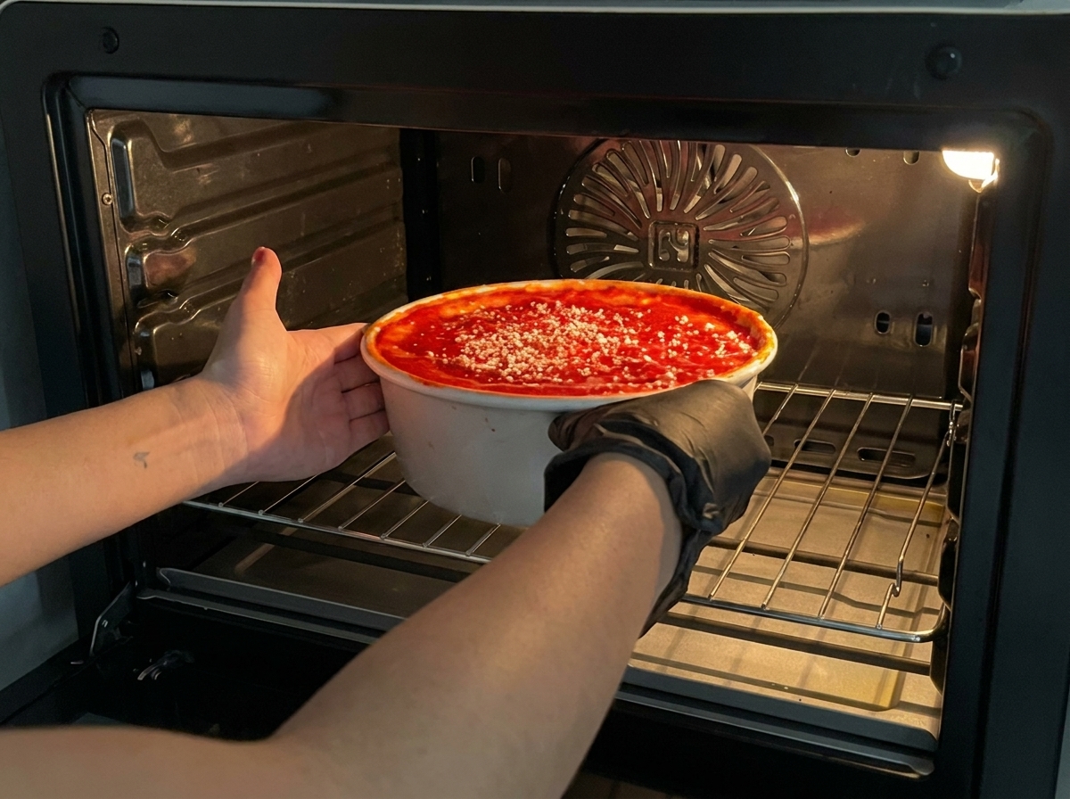 Die Pizzaform wird vorsichtig in den Ofen geschoben.