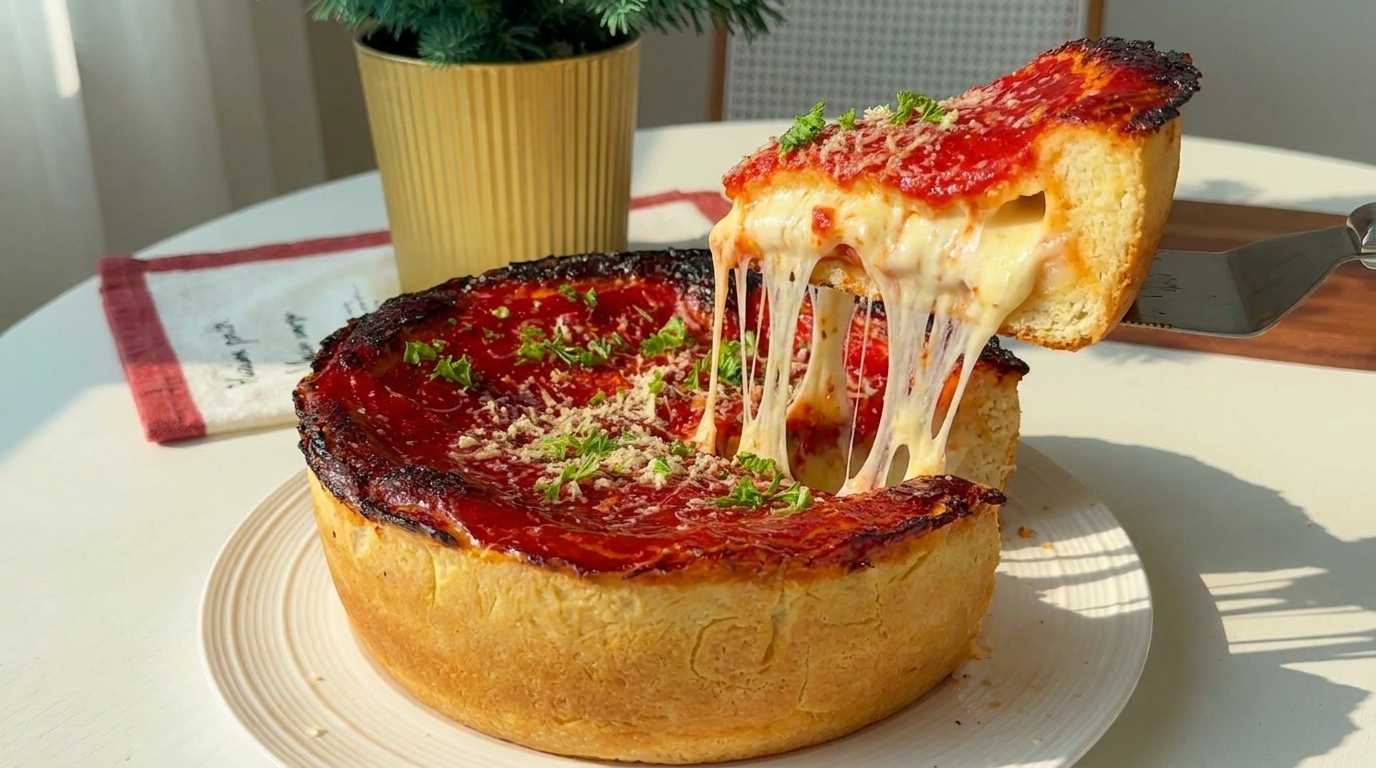 Eine perfekt gebackene, dicke Chicago Deep Dish Pizza mit knusprigem, karamellisiertem Rand und einem Belag aus kräftiger Tomatensoße.