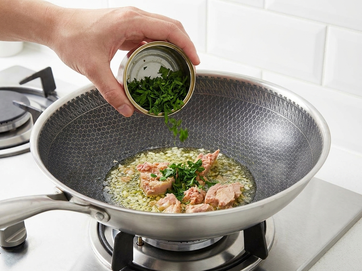 Eine Handvoll leuchtend grüner, gehackter Petersilie wird zum gebratenen Thunfisch in die Pfanne gegeben.
