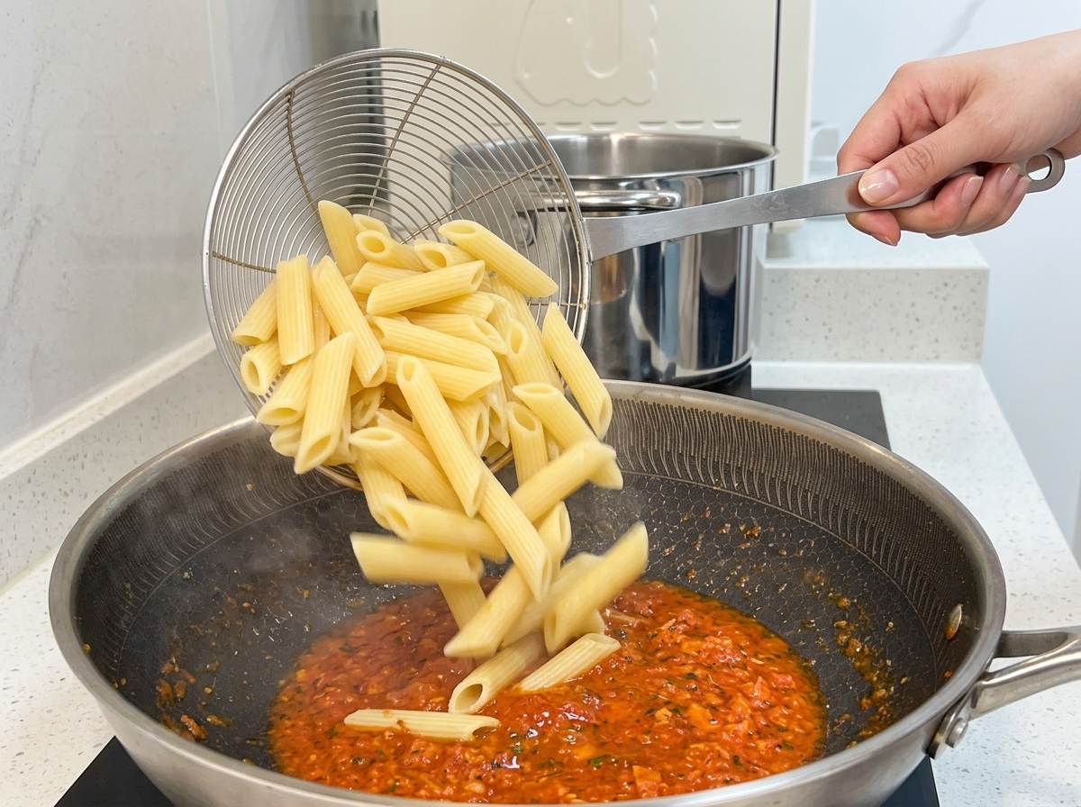 Gekochte Penne werden aus einem Sieb in eine Pfanne mit Tomatensoße gegeben.