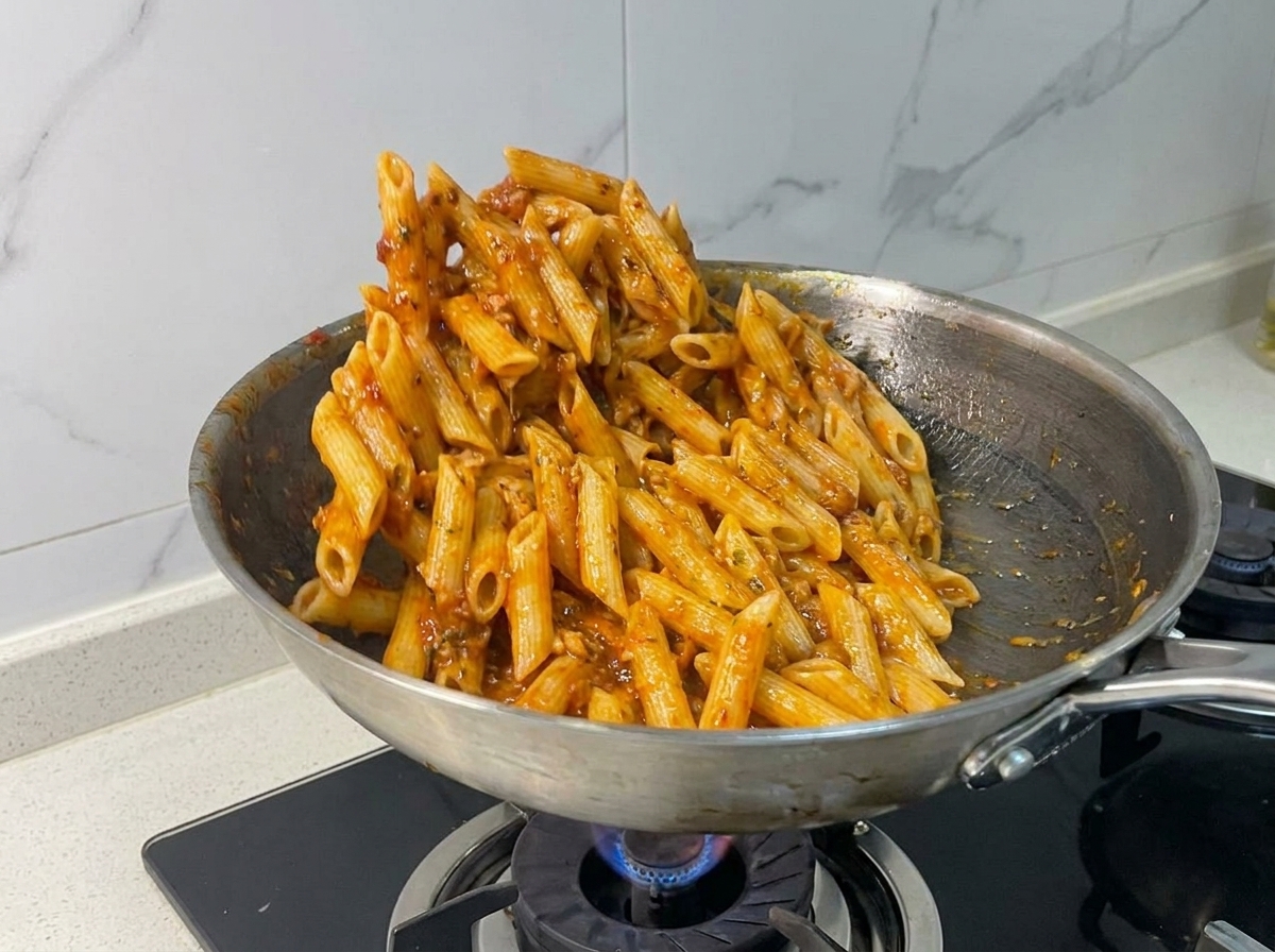 Penne werden in einer Pfanne geschwenkt, um sie mit der Tomaten-Thunfisch-Soße zu überziehen.