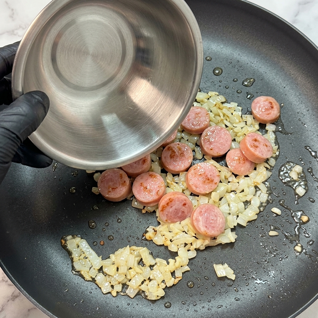 Wurstscheiben werden in eine Pfanne zu den Aromen gegeben.
