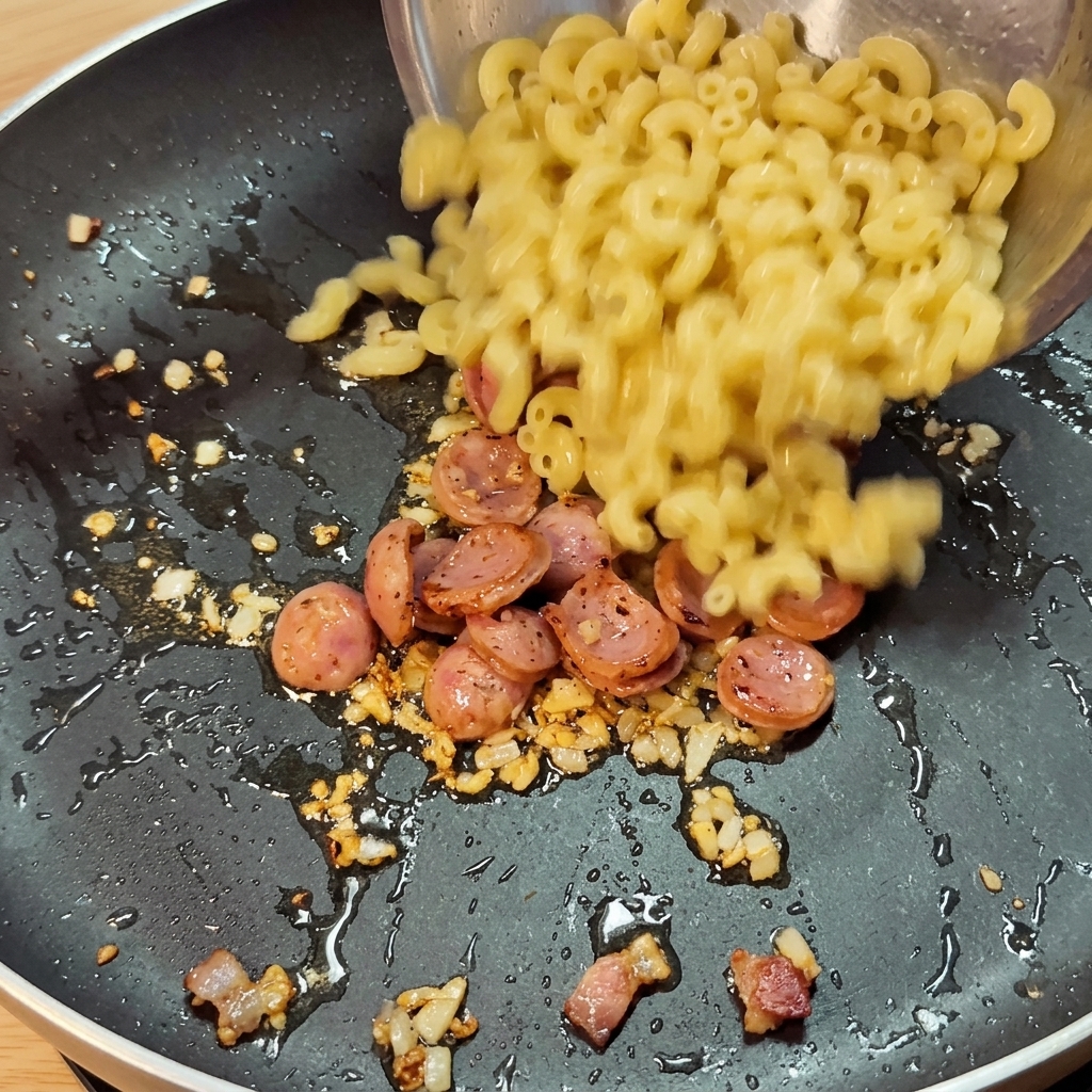 Gekochte Makkaroni in die Pfanne zur Wurst geben.