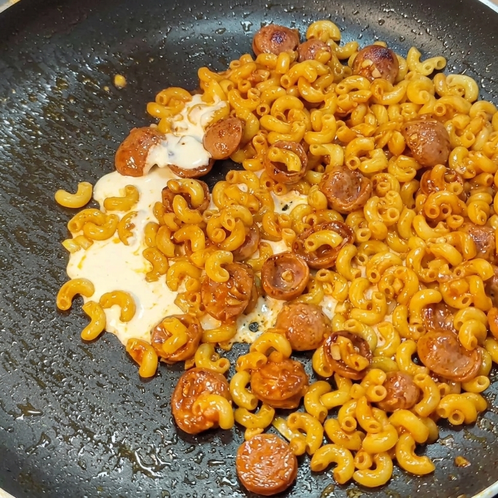Sahne wird in die Pfanne mit Nudeln und Wurst gegossen.