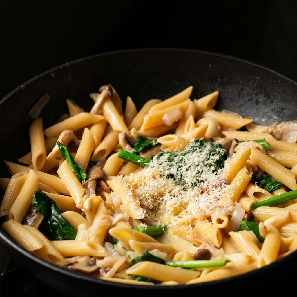 Eine großzügige Menge geriebener Parmesan und schwarzer Pfeffer auf cremigen Pilz-Spinat-Penne in einer schwarzen Pfanne.