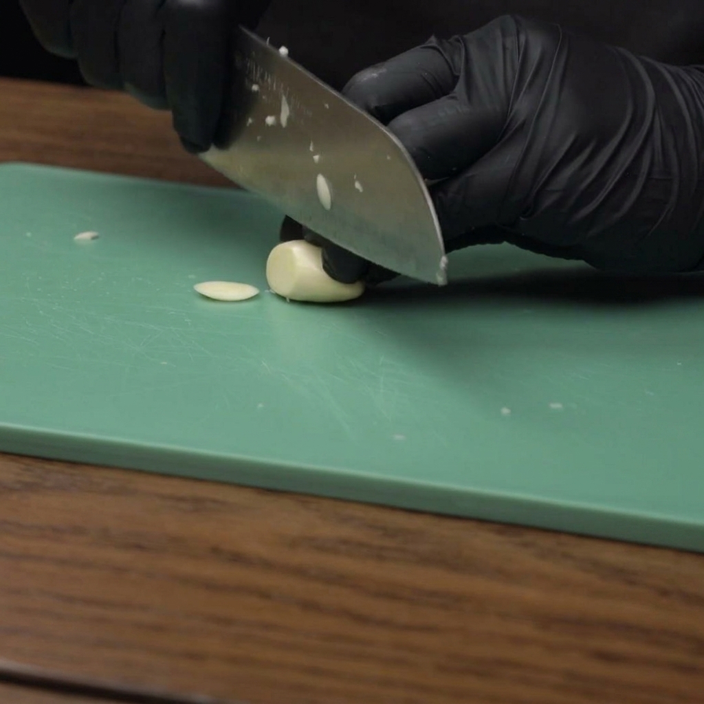 Hände in schwarzen Handschuhen schneiden eine Knoblauchzehe auf einem grünen Schneidebrett.