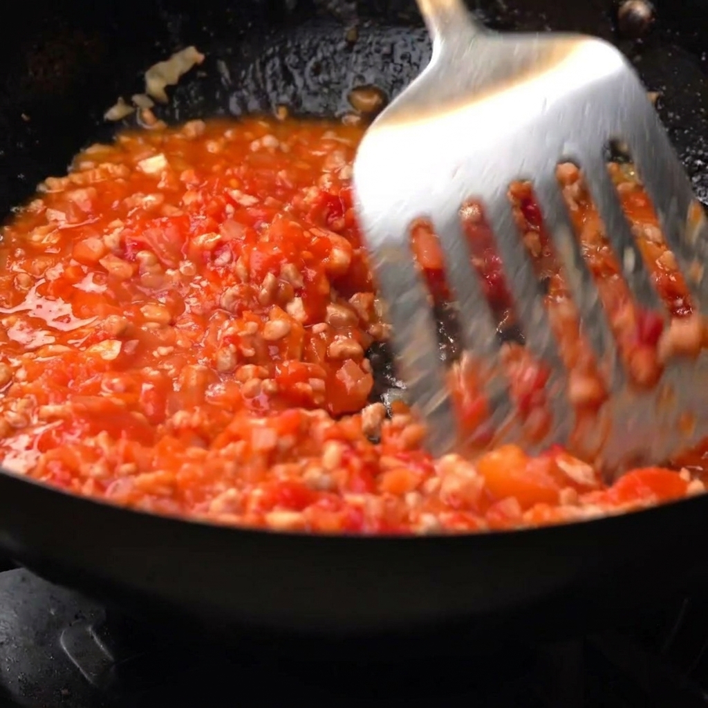 Ein metallener Schaumlöffel rührt eine blubbernde Tomaten-Fleischsauce in einer dunklen Pfanne um.
