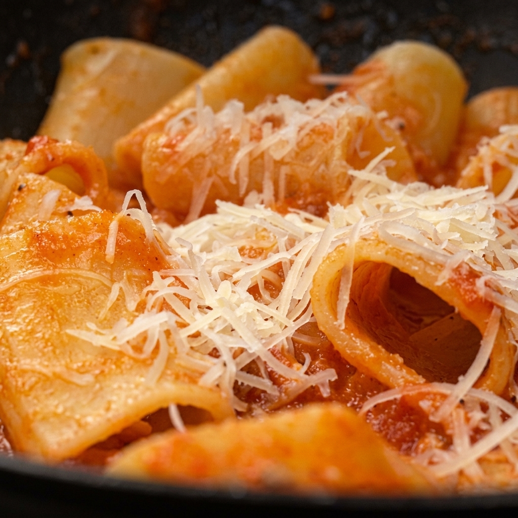 Nahaufnahme von geriebenem Käse, der über eine Pfanne mit Paccheri in Tomatensauce gestreut wird.