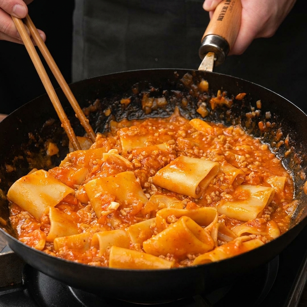 Gekochte Paccheri-Pasta mit Fleisch-Tomatensauce wird mit Holzstäbchen in einer Pfanne vermengt.