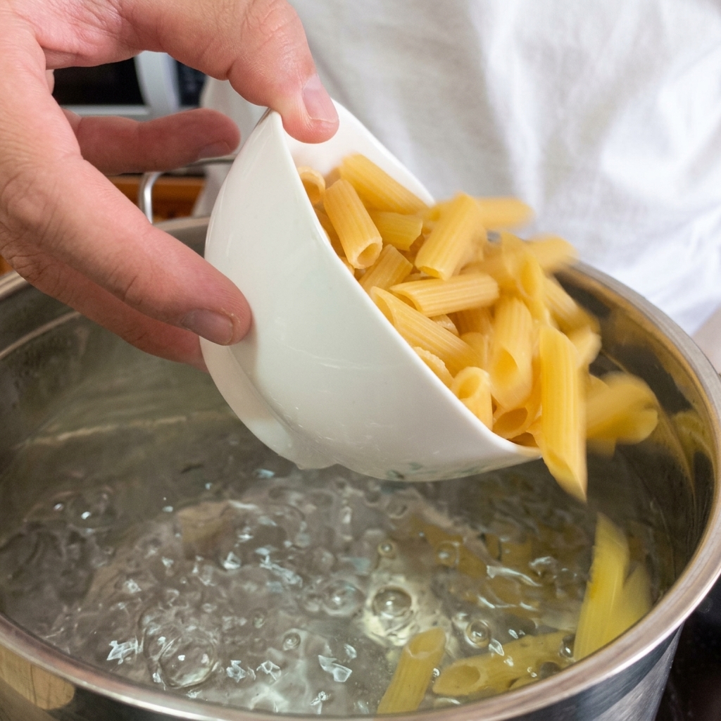 Sahne wird in eine Pfanne mit angebratenen Pilzen und Zwiebeln gegossen, um eine dickflüssige Sauce zu erhalten.
